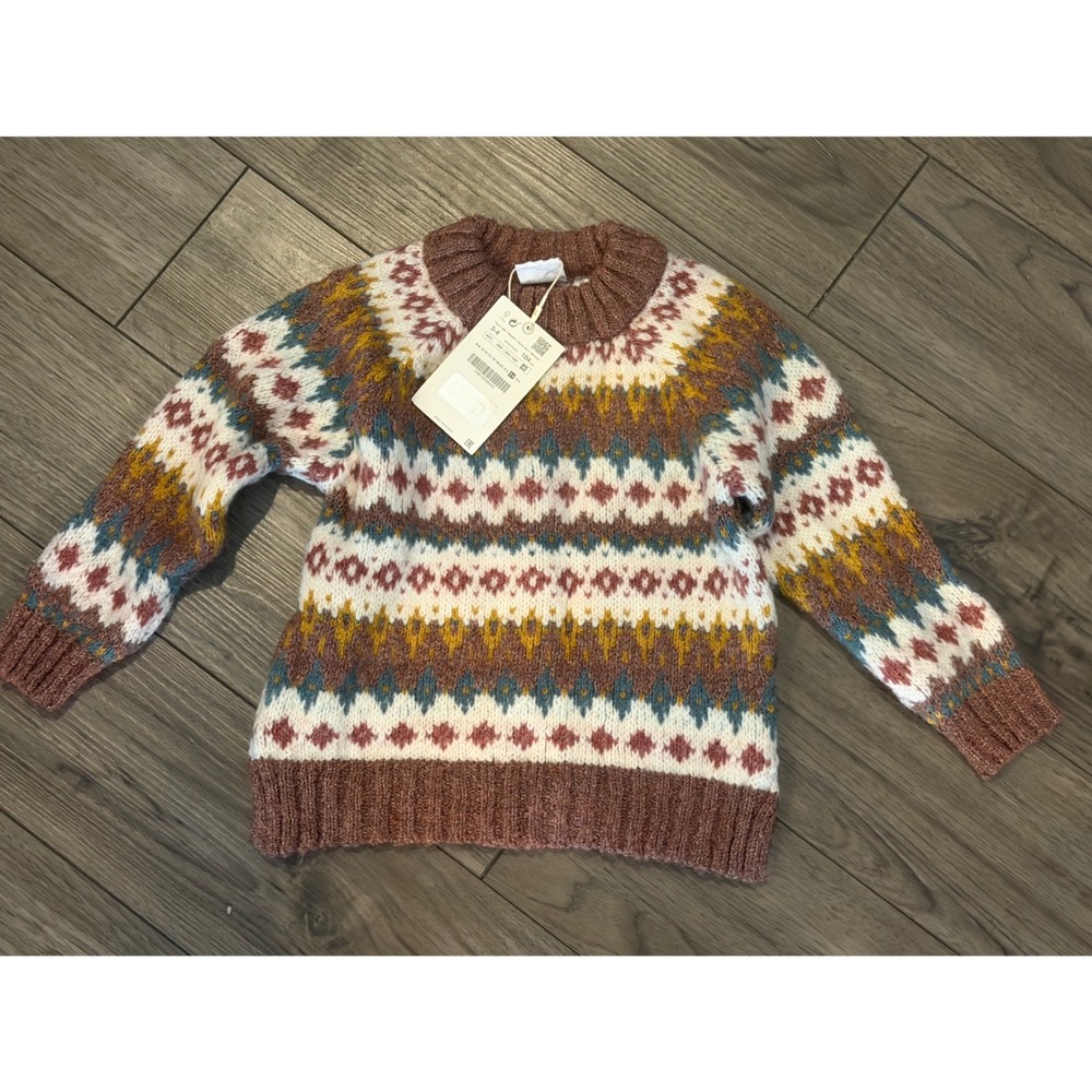 Zara Kids NWT Fair Isle Chunky Knit Sweater Brown Metallic Sparkle 3-4Y 104